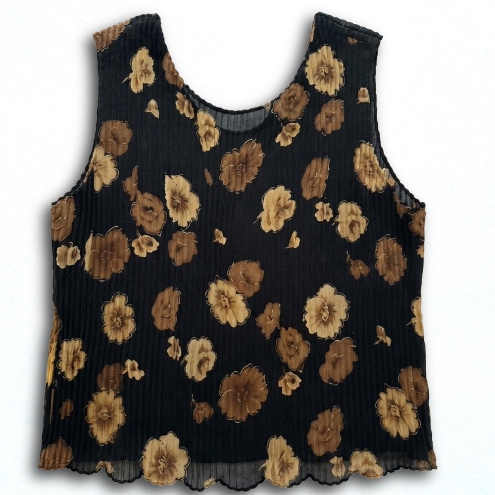 Vintage Floral Plisse Pleated Sleeveless Shell Top Black Brown Tan Scoop Neck